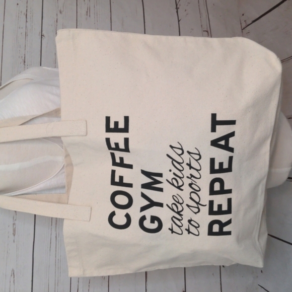 Coffee, Gym,‎ Take Kids to Sports, Repeat Natural Canvas Reusable Tote Bag - Picture 4 of 11
